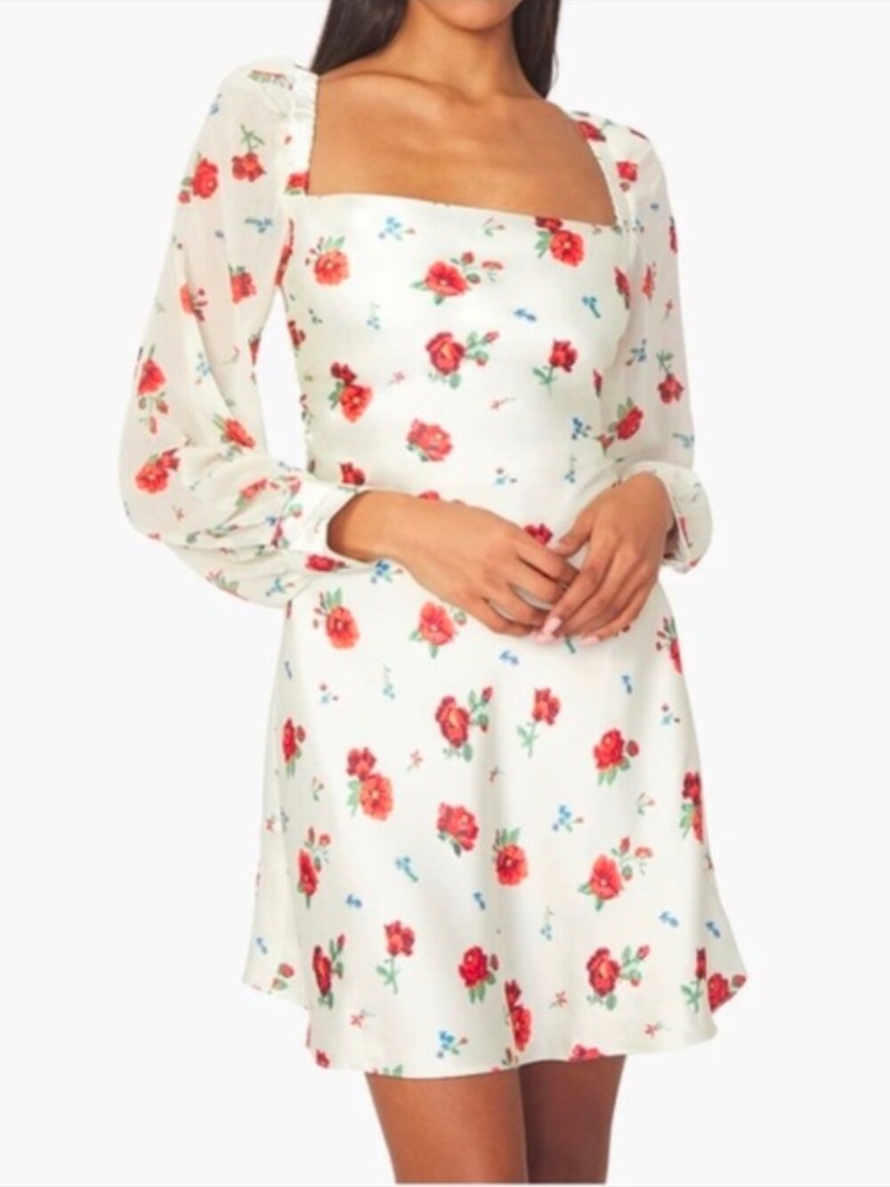 We Wore What Red Floral Satin Puff Sleeve Mini Dress Size 6